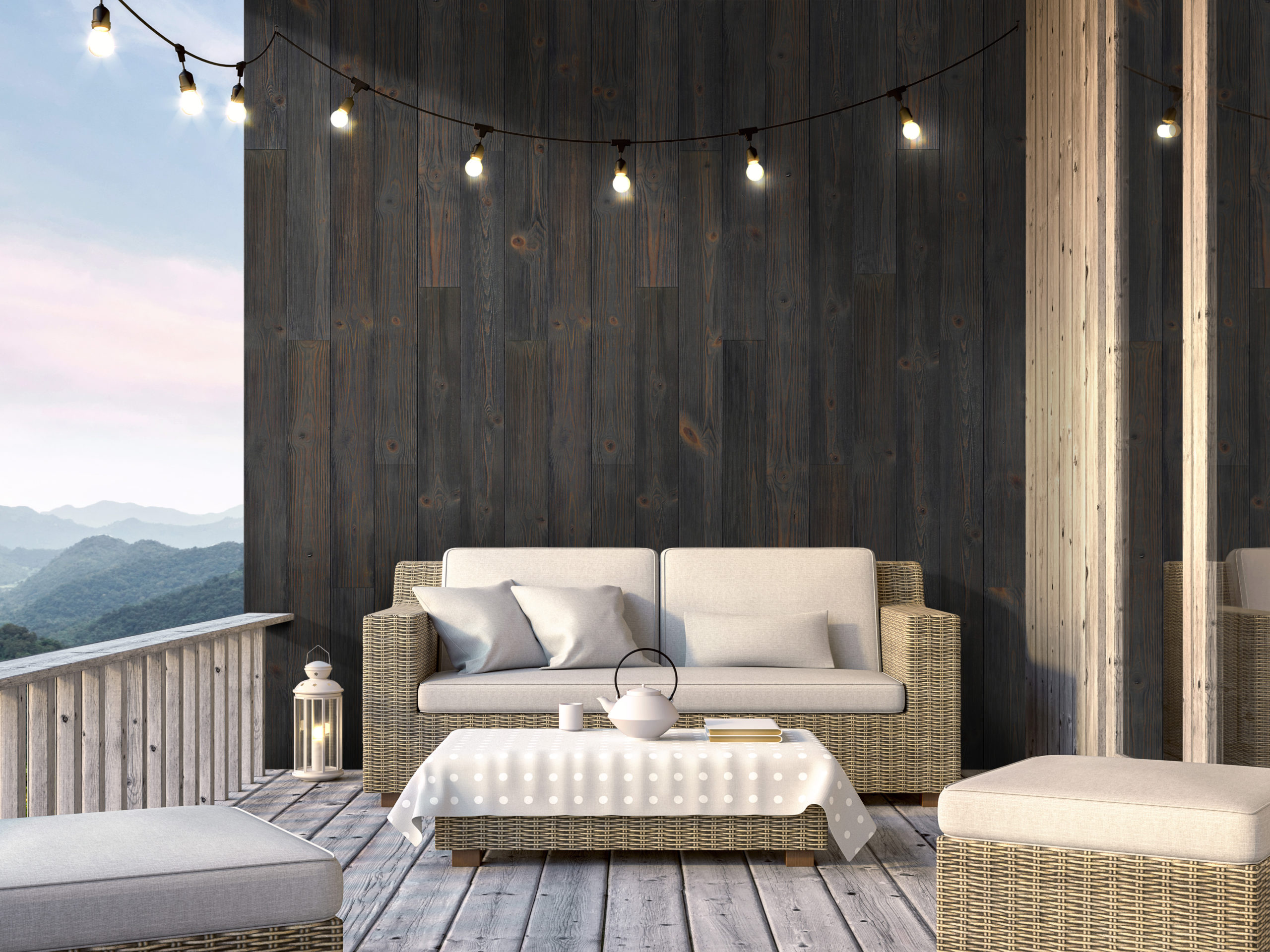 Wooden balcony with mountain view 3d render Wooden balcony with mountain view 3d render