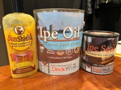 photo of wood conditioner bottle, ipe oil, and ipe seal