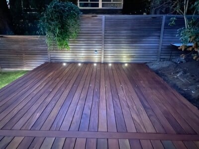 A tropical hardwood deck with built in lights.