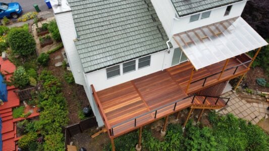Batu deck built by AB Construction LLC with DW Construction LLC Top-down view of a batu tropical hardwood deck.