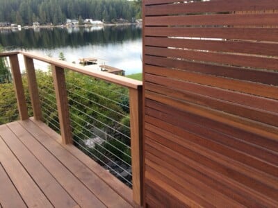 Ipe decking install on Mason Lake, Wa with batu railing and fascia boards. Ipe decking install on Mason Lake, Wa with batu railing and fascia boards.